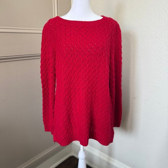 NWT Talbots Red Cotton Poly Wool Chunky Knit Long Sweater Size M - Picture 1 of 7